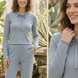 Dusty Blue Ribbed Crop Hoodie 🦋